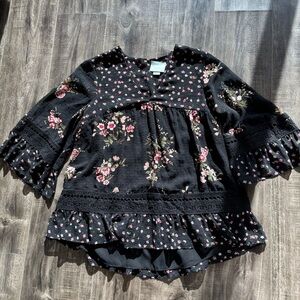 Maeve Black Blouse with Pink Floral Design